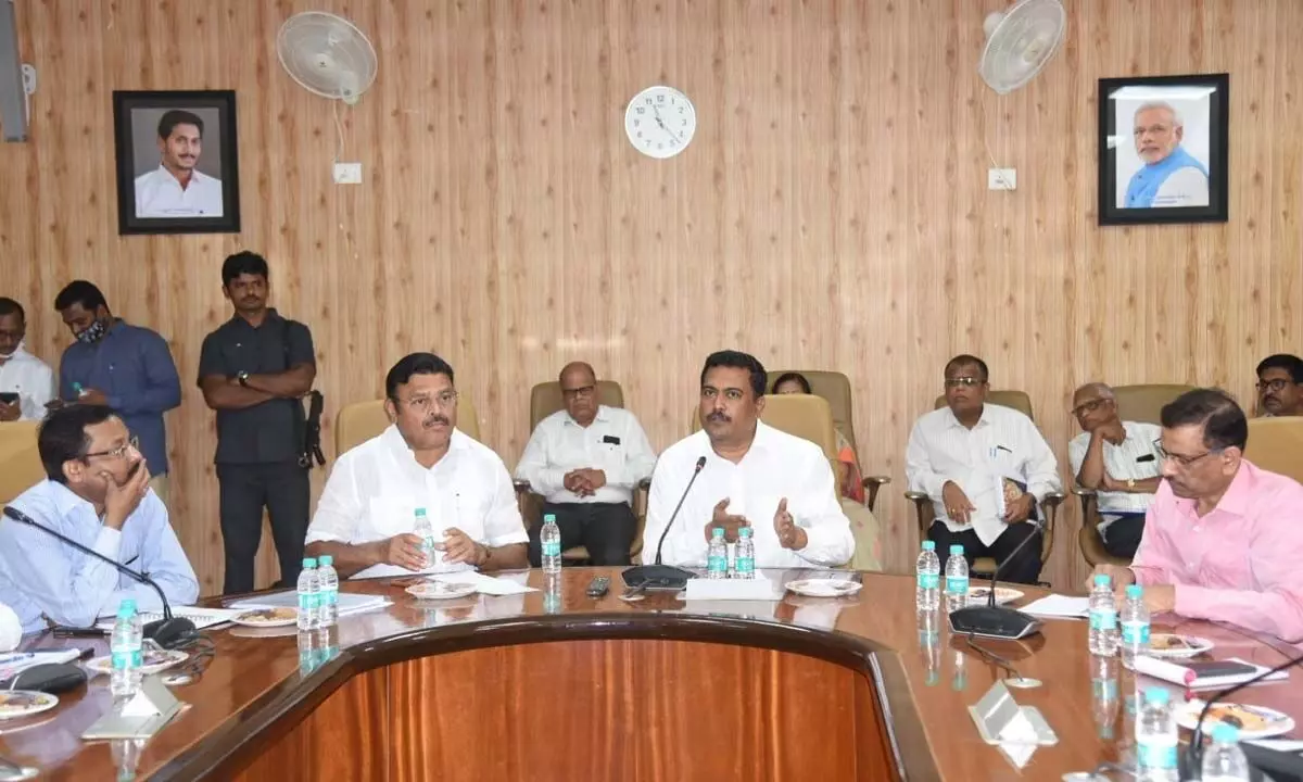 Minister for irrigation Ambati Rambabu speaking at a review meeting with CWC members at Polavaram project in Eluru district on Sunday
