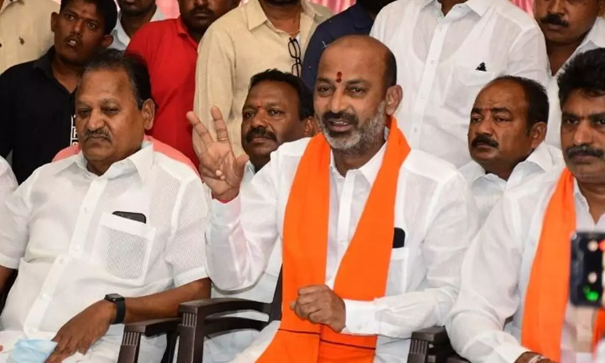 State BJP chief Bandi Sanjay Kumar addressing the media in Karimnagar on Sunday