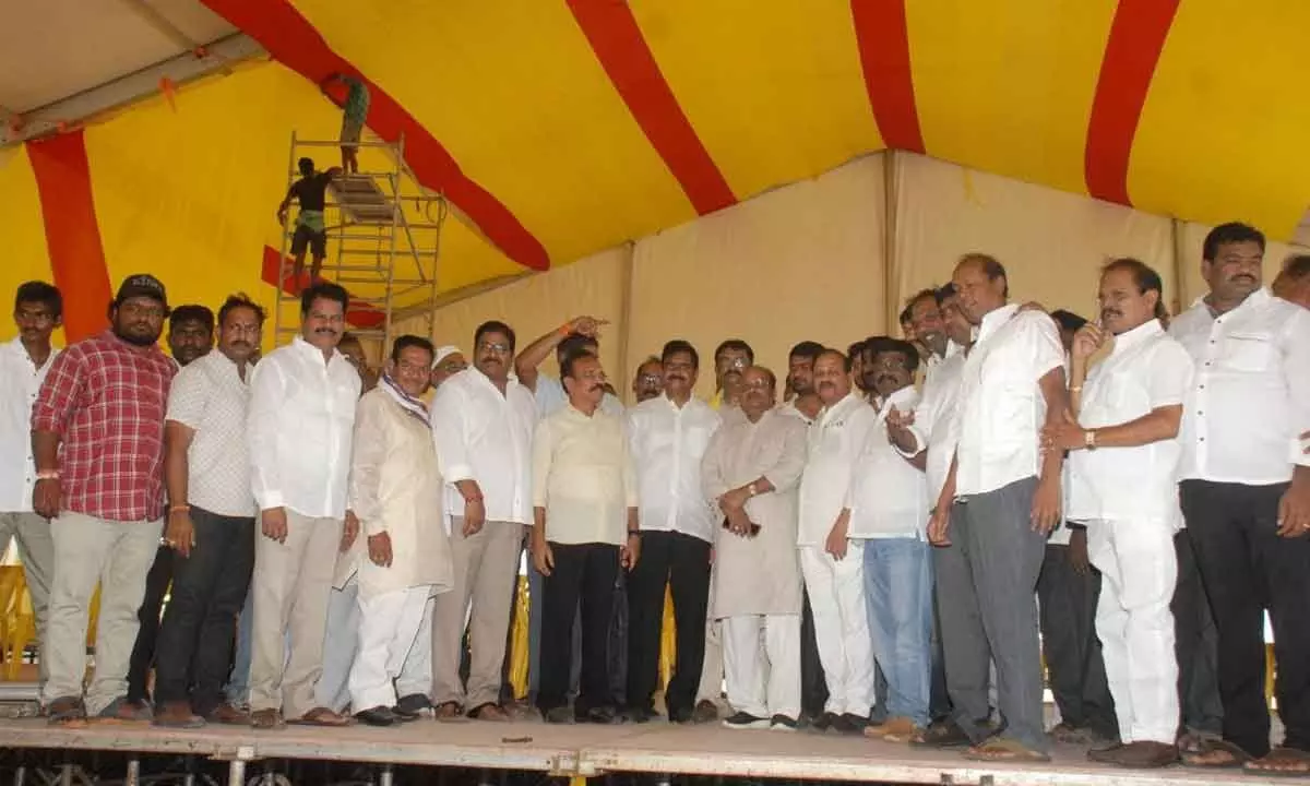 TDP leaders Yanamala Ramakrishnudu, Devineni Umamaheswara Rao and others inspecting Mahanadu arrangements in Ongole on Tuesday