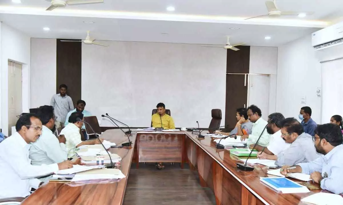 Annamaiah District Collector PS Girisha holding a meeting with officials on beautification of the district headquarters Rayachoti on Tuesday