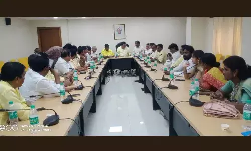 TDP politburo member Nimmakayala China Rajappa speaking at the meeting in the party office on Tuesday