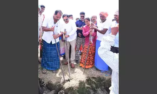 Panchayat Raj and Rural Development Minister Errabelli Dayakar trying his hand at desilting works at Nallakunta Thanda under Parvathagiri mandal of Warangal district on Tuesday