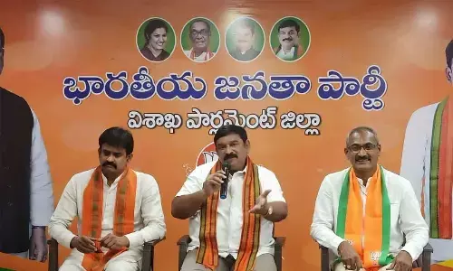 BJP state vice-president P Vishnu Kumar Raju speaking to the media in Visakhapatnam on Tuesday