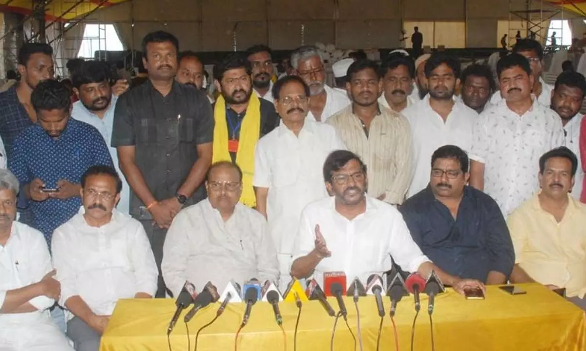 TDP senior leader Somireddy Chandramohan Reddy speaking at a press meet at Mahanadu venue in Ongole on Wednesday