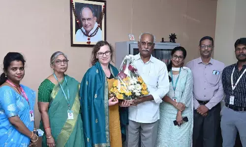 Vice-Chancellor Prof K Sivaramakrishna felicitating Dr Michalina Błażkiewicz in Visakhapatnam on Wednesday
