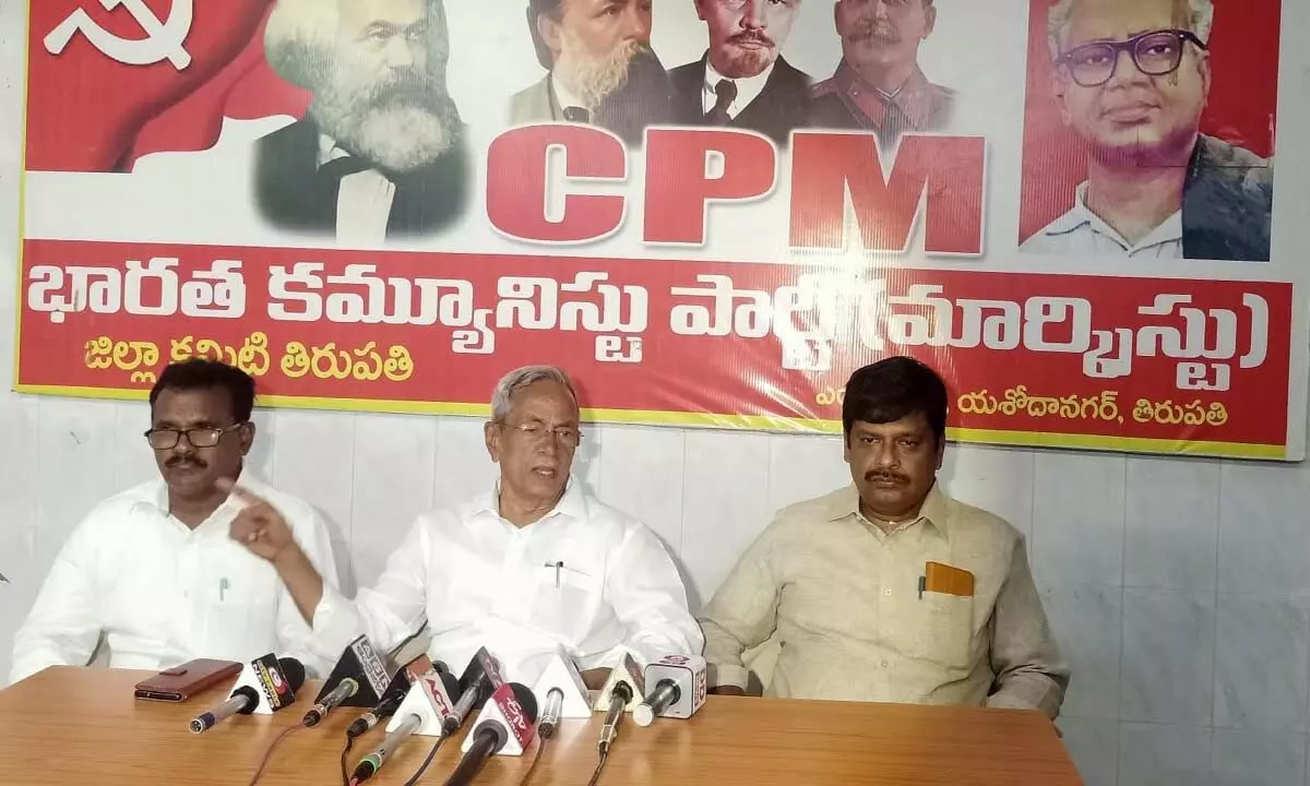 Senior CPM leader P Madhu addressing the media at the party office in Tirupati on Thursday