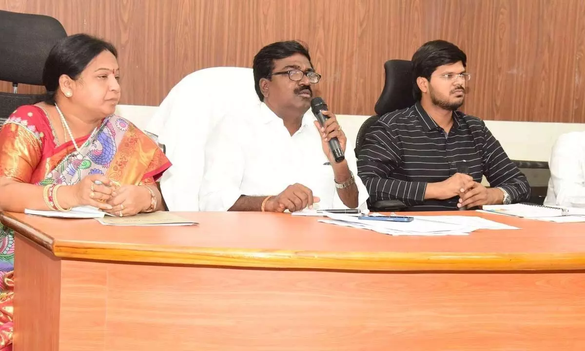 Minister for Transport Puvvada Ajay Kumar speaking at a review meeting ahead of the Pattana Pragathi programme, at the municipal office in Khammam on Thursday.