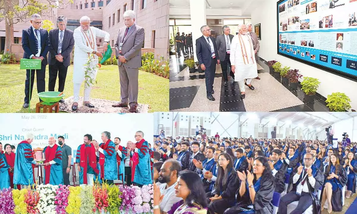 Prime Minister planting a parijat sapling at the ISB campus; Prime Minister is briefed on ISB’s history and milestones; Rakesh Bharti Mittal, Chairperson, Mohali campus advisory board presenting Kavad memento to Prime Minister