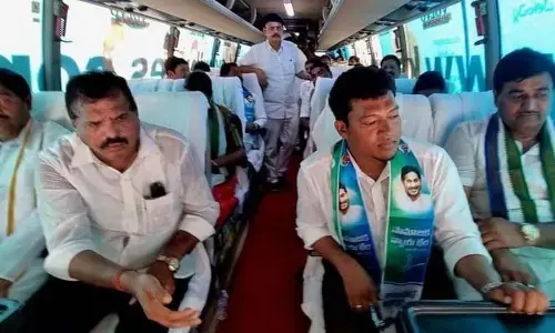 Ministers Dharmana Prasada Rao, Botcha Satyanarayana, S Appala Raju and others taking part in the bus yatra in Srikakulam on Thursday