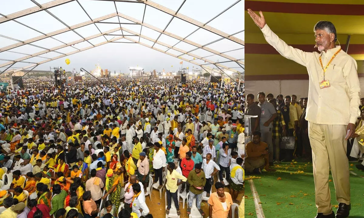 TDP chief N Chandrababu Naidu addressing the people at the public meeting organsied as part of Mahanadu in Ongole on Saturday