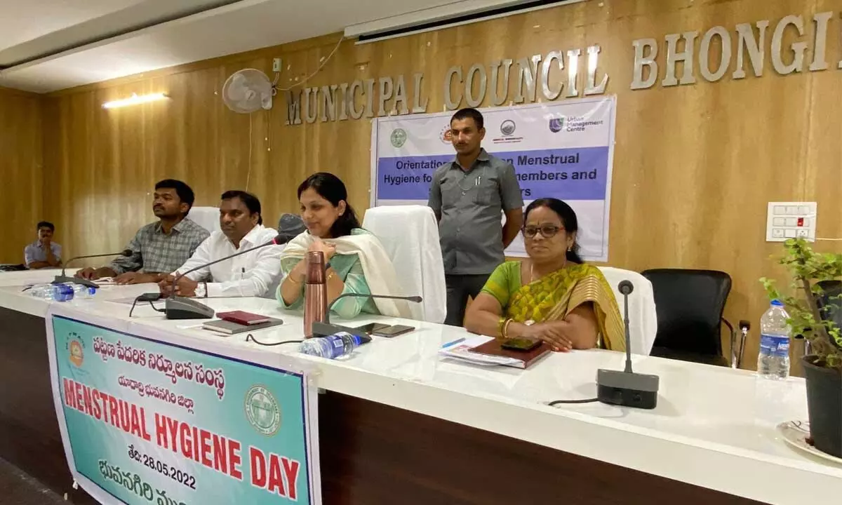 Collector Pamella Satpathi addressing the gathering in a seminar held on the occassion of Menstrual Hygeine Day conducted in Bhongir on Saturday