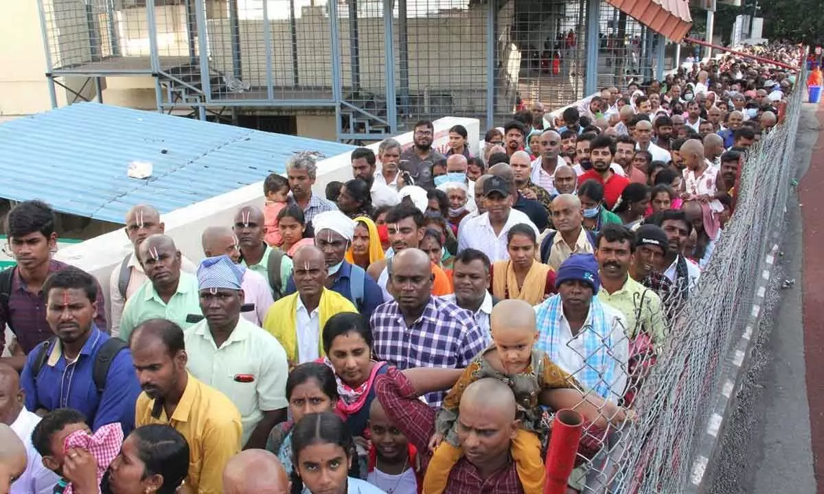 A large number devotees standing in queue waiting for darshan of Lord in Tirumala on Saturday