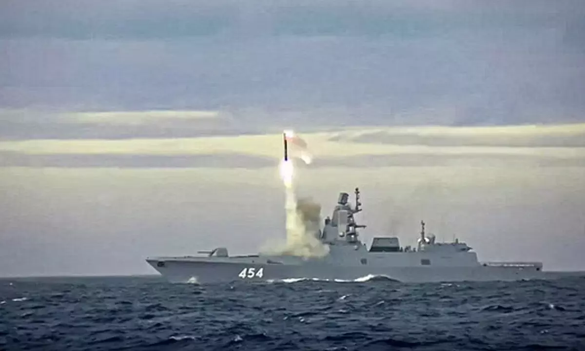 A new Zircon hypersonic cruise missile is launched by the frigate Admiral Gorshkov of the Russian navy from the Barents Sea. (Photo | AP)
