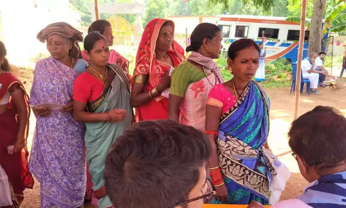 Tribals at the medical camp organised at Ukkunagaram on Sunday in Visakhapatnam