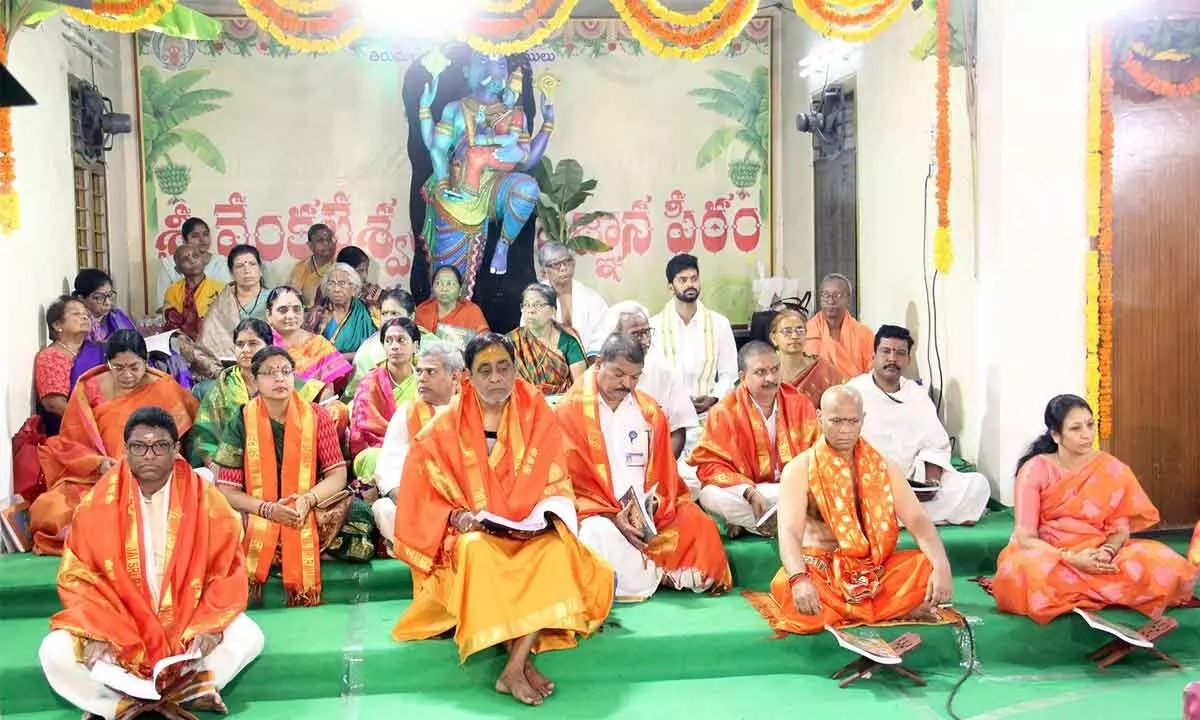 TTD EO A V Dharma Reddy and others taking part in Sundarakanda Parayanam at Tirumala on Sunday