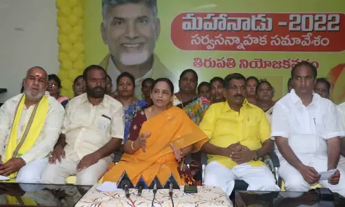 TDP Tirupati in-charge M Sugunamma addressing the media in Tirupati on Sunday. Party Tirupati parliament president G Narasimha Yadav is also seen.