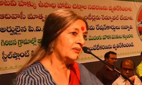 Adivasi Adhikar Rashtriya Manch national vice-president Brinda Karat speaking at a meeting held in Visakhapatnam