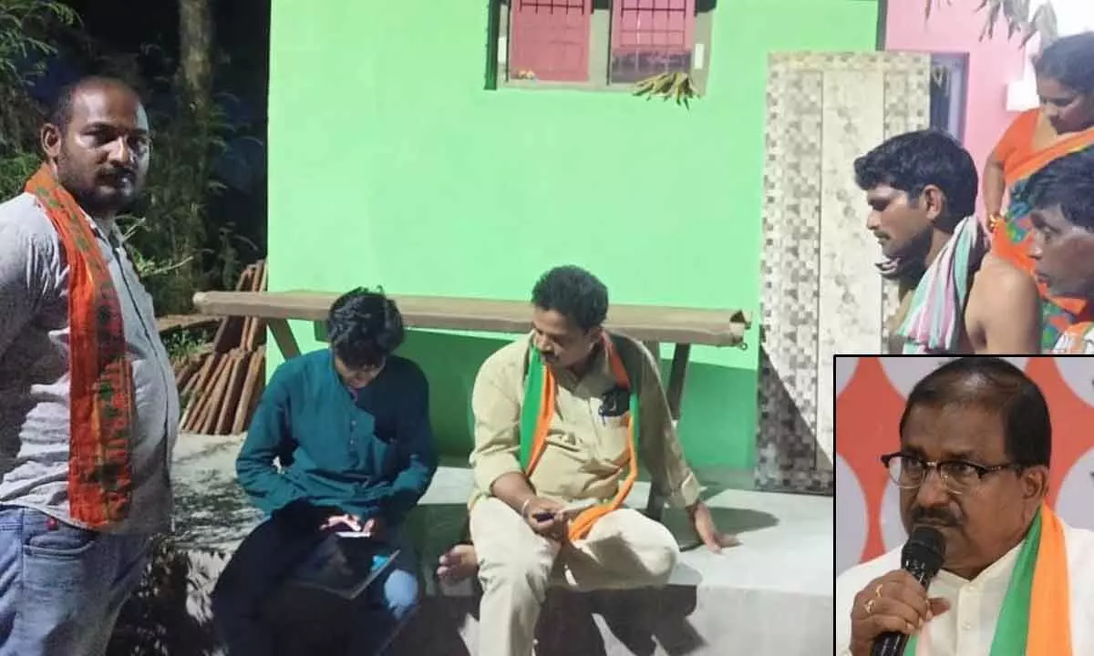 BJP activists during a door-to-door campaign ; BJP State president Somu Veerraju (Inset Pic)