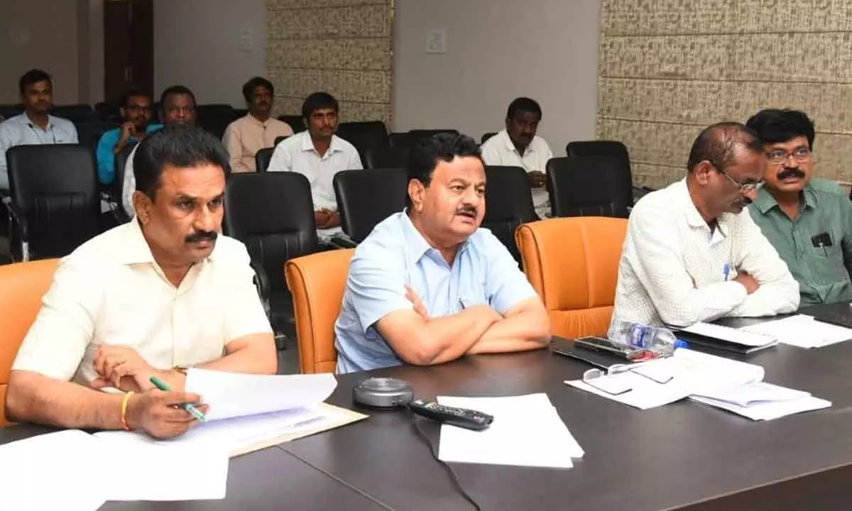 District Collector K Venkata Ramana Reddy holds review on government schemes through video conference in Tirupati on Monday.