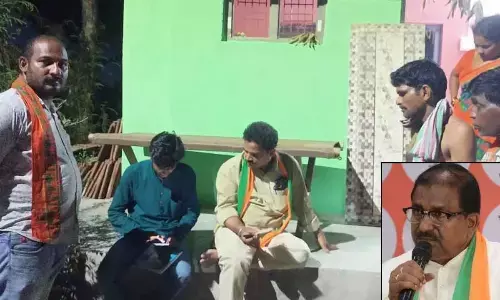 BJP activists during a door-to-door campaign ; BJP State president Somu Veerraju (Inset Pic)