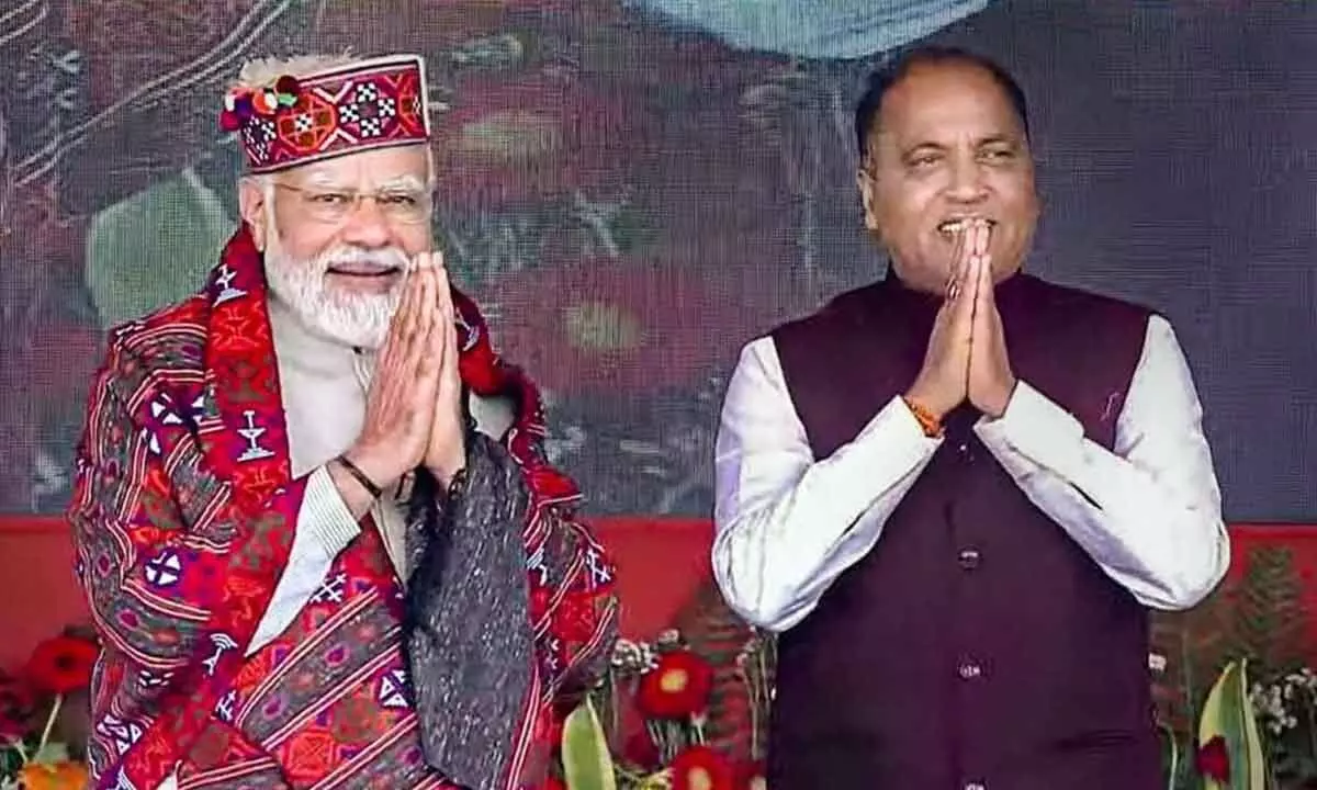 Himachal Pradesh Chief Minister Jai Ram Thakur and Prime Minister Narendra Modi at a public rally, in Shimla on Tuesday