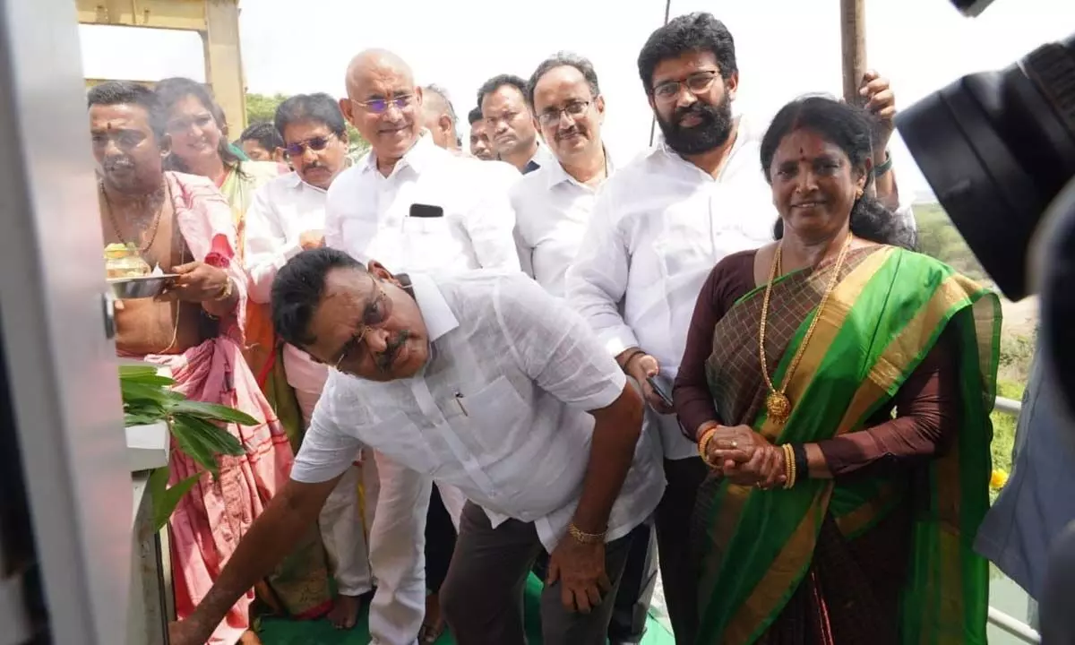 Water resources minister Ambati Rambabu releases water to Godavari Delta at Dowleswaram on Wednesday