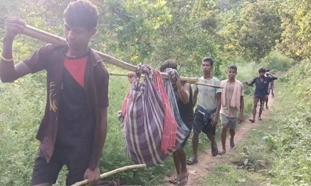 Relatives of a pregnant woman carrying her to nearby road in a ‘doli’ for delivery