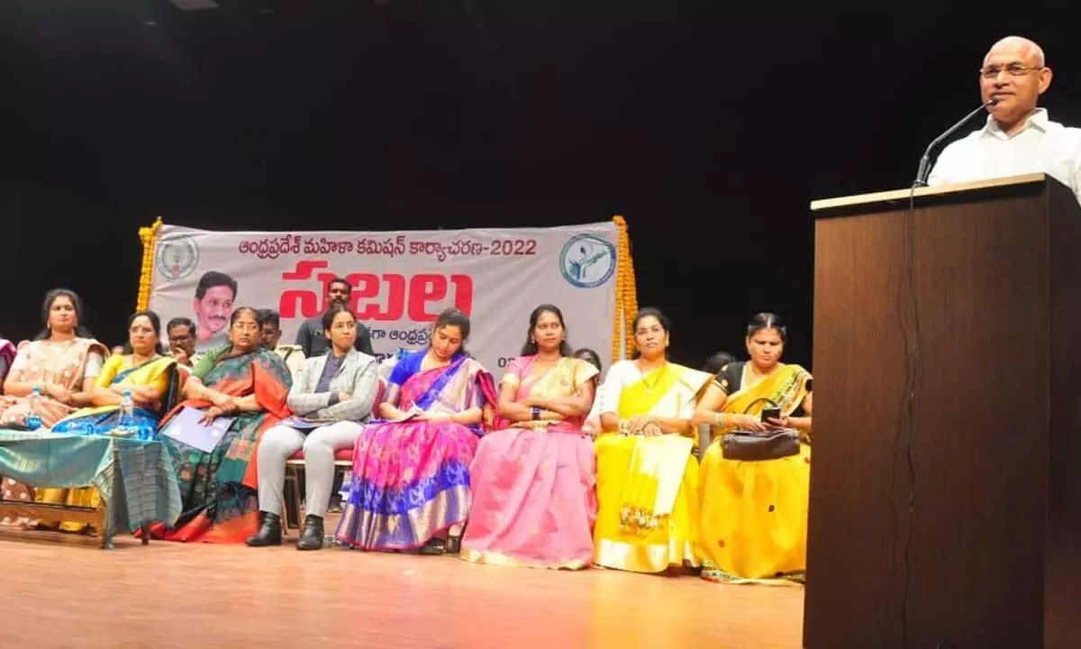 BC Welfare Minister Venu Gopala Krishna addressing a conference in Rajahmundry on Thursday. Women Commission chairperson Vasireddy Padma and CID ASP Saritha are also seen.