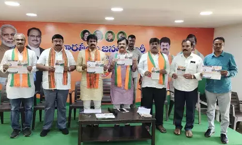 BJP MP GVL Narasimha Rao and party leaders unveiling a brochure in Visakhapatnam on Thursday