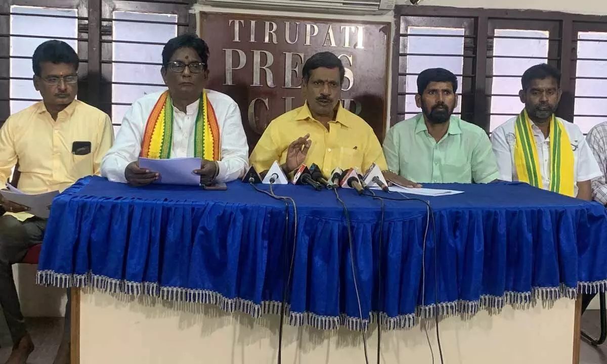 TDP Tirupati parliament president G NarasimhaYadav addressing the media on Saturday.