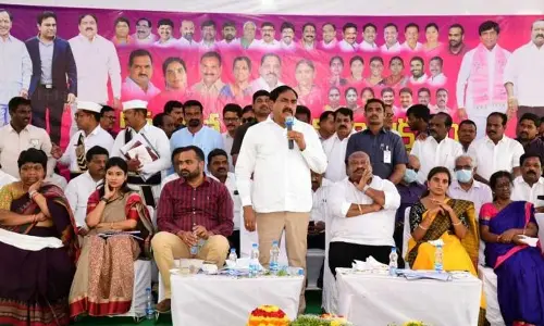 Minister Errabelli Dayakar Rao addressing a gathering at Malkapur in Kothapalli mandal in Karimnagar district on Saturday
