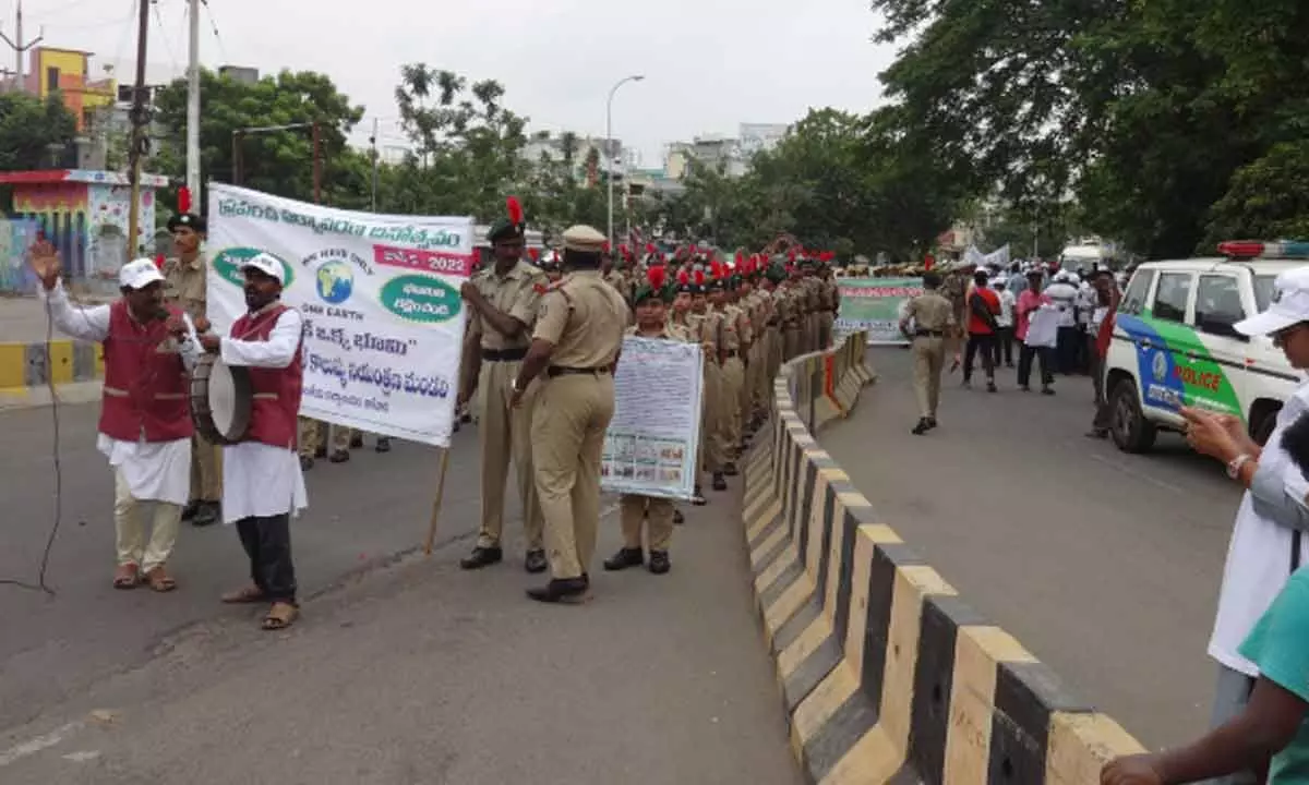 A rally being taken out on World Environment Day in Rajamahendravaram on Sunday