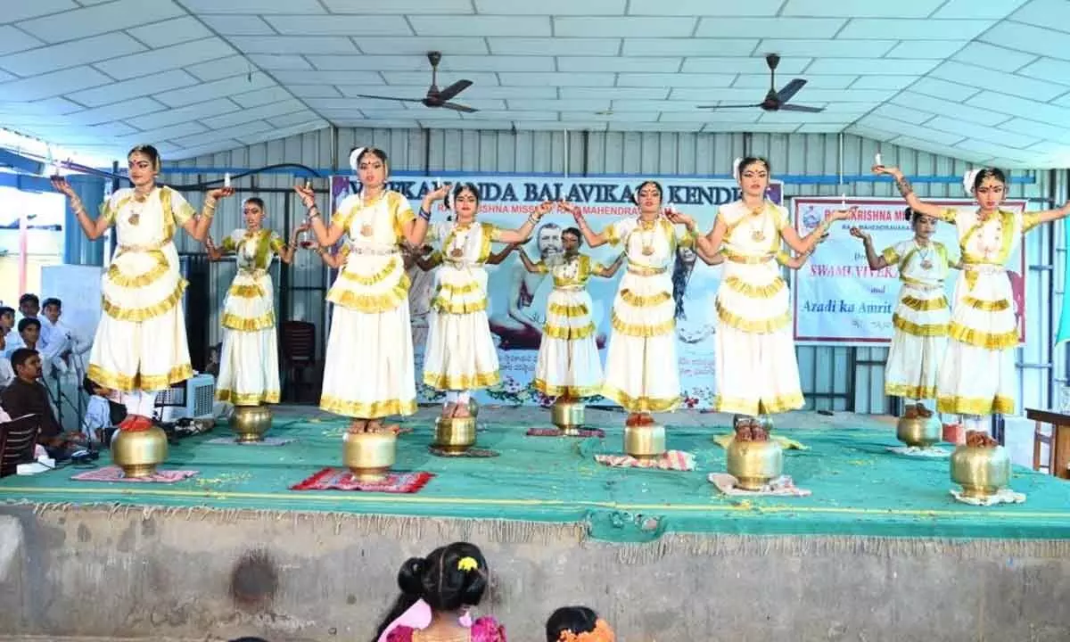 Children performing a dance programme at the valedictory meeting at Ramakrishna Math Auditorium in Rajamahendravaram on Sunday