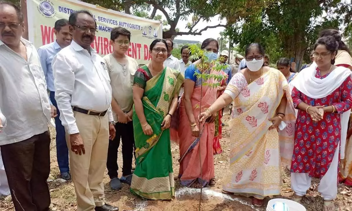 District Judge Aruna Sarika and others participating in World Environment Day celebrations in Machilipatnam on Sunday