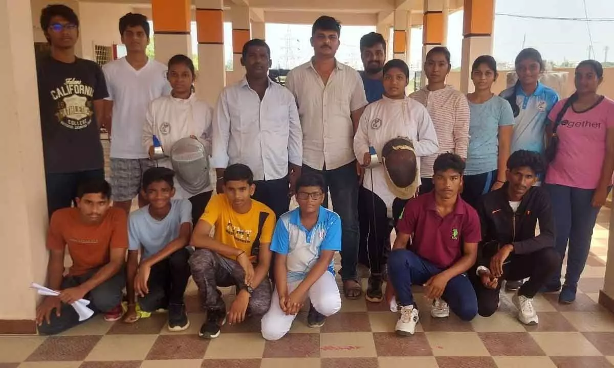 Prakasam district fencing team with their coaches after selections in Ongole on Sunday