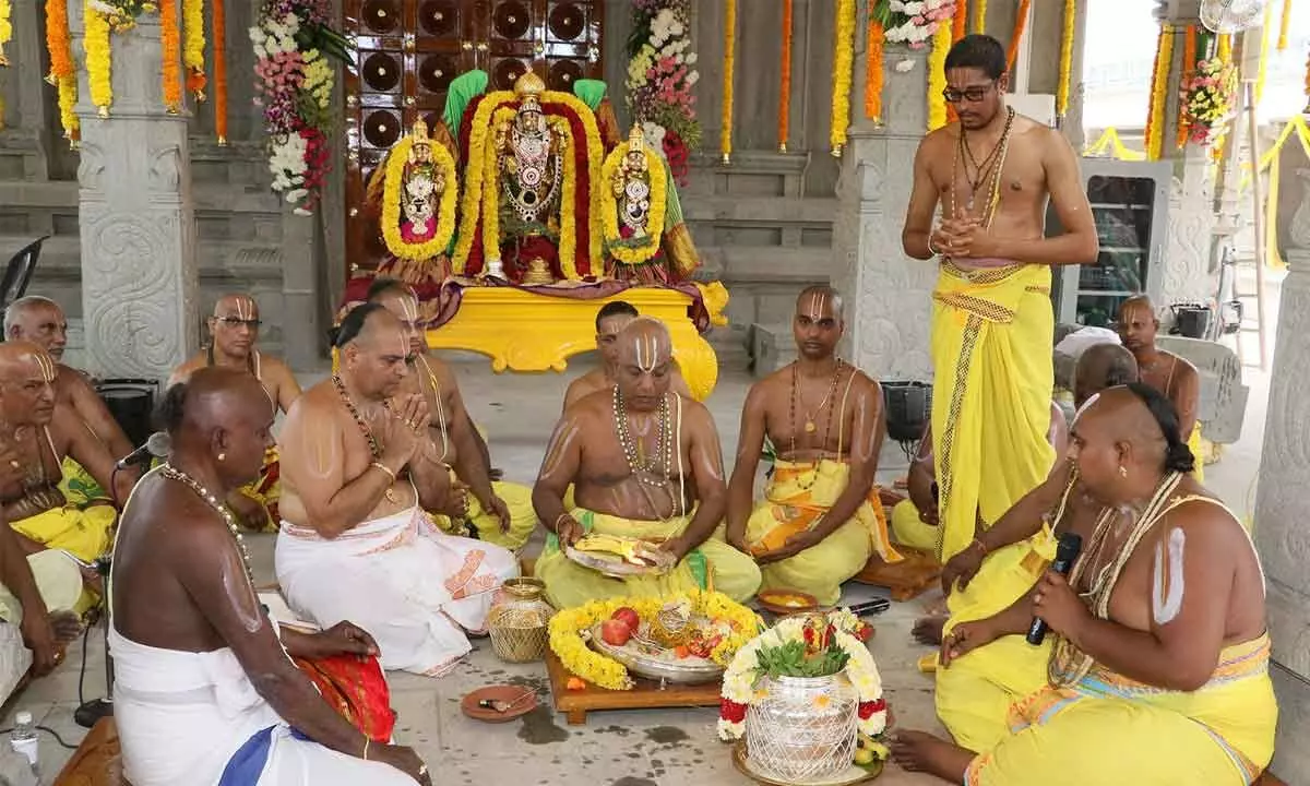 TTD priests taking part in Maha Samprokshanam of the newly constructed Sri Venkateswara Swamy temple in Amaravati on Sunday