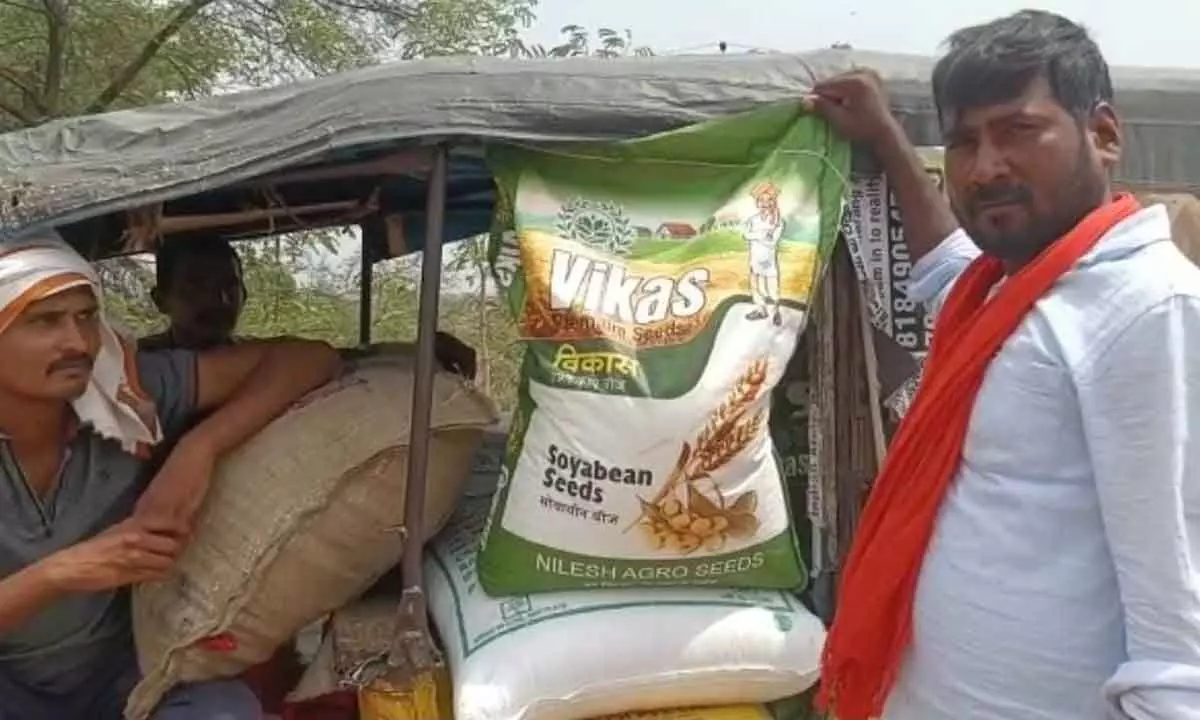 Farmers returning to Nizamabad after purchasing soybean seeds bags from Maharashtra