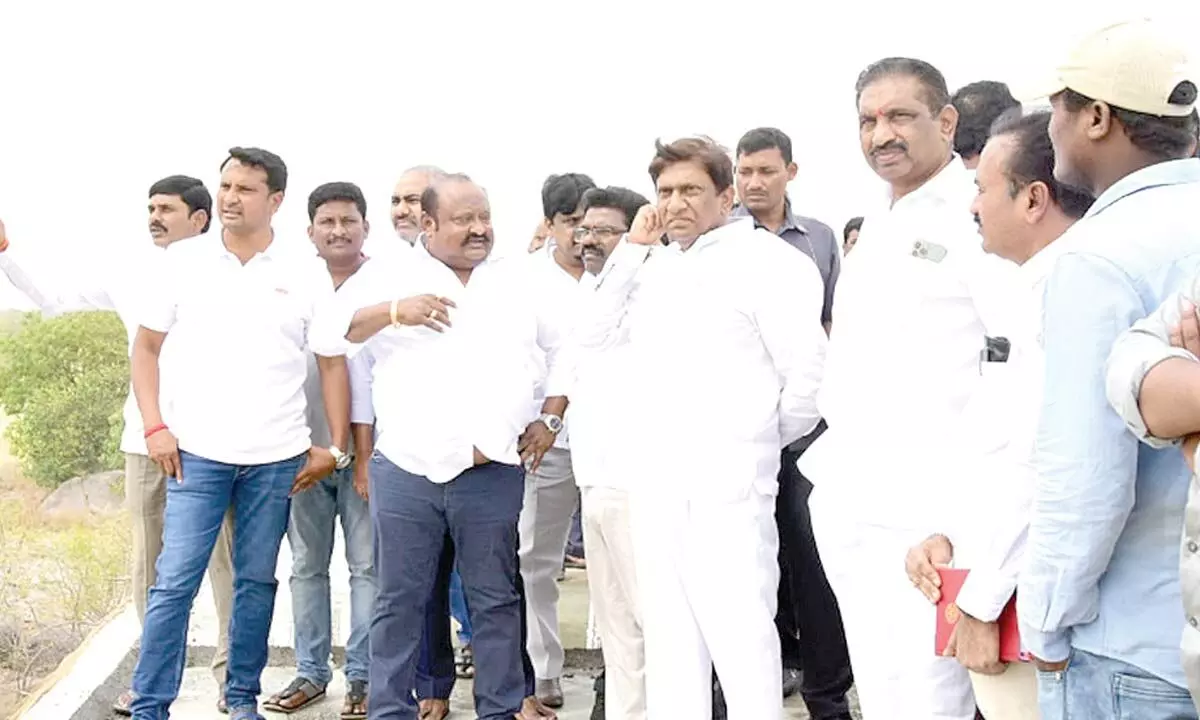 Minister G Kamalakar and others inspecting Manair Riverfront works in Karimnagar  on Monday