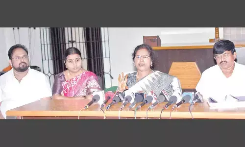 Mayor Gangada Sujatha speaking at a press meet in Ongole on Tuesday
