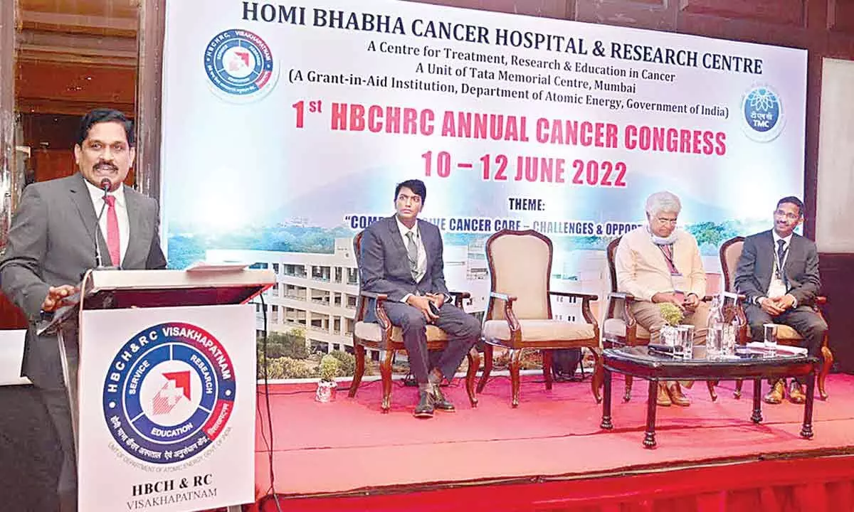 Principal Secretary of Health, Medical and Family Welfare MT Krishna Babu speaking at the Annual Cancer Congress Conference of the HBCHRC held in Visakhapatnam on Saturday