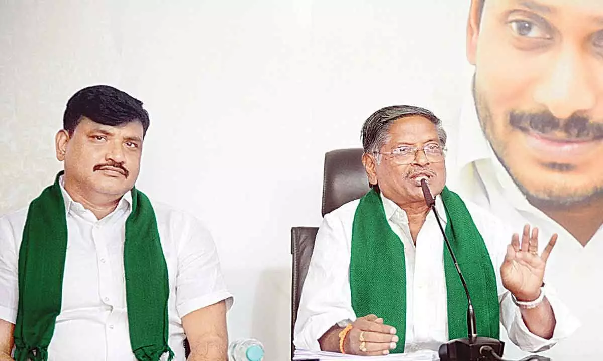 AP Agriculture Mission vice-chairman M V S Nagi Reddy addressing the media at the party office in Tadepalli on Saturday