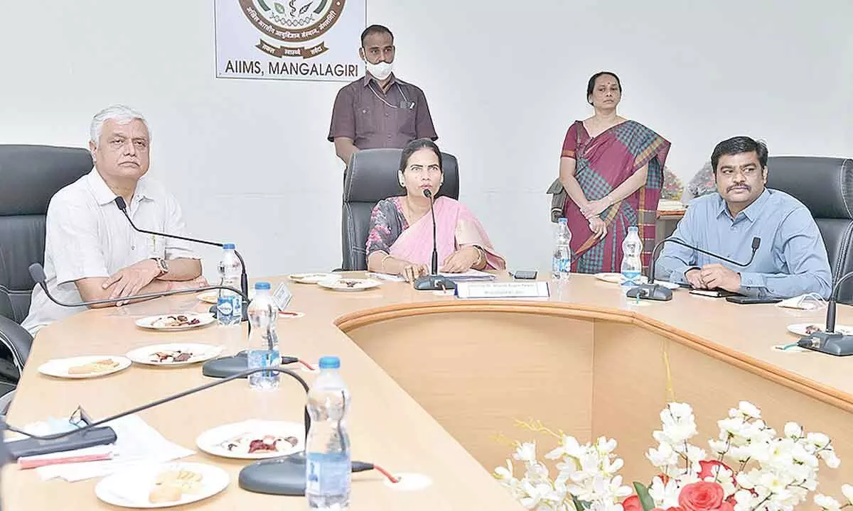 Union minister of state for medical and health Dr Bharati Pravin Pawar addressing a review at AIIMS Mangalagiri on Saturday
