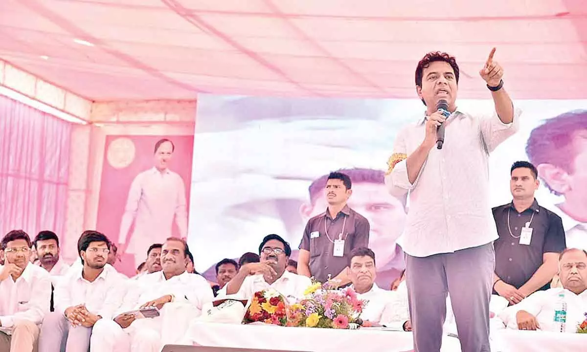 Minister for IT & Urban Development, TRS working president K T Rama Rao speaking at a public meeting in Khammam on Saturday.