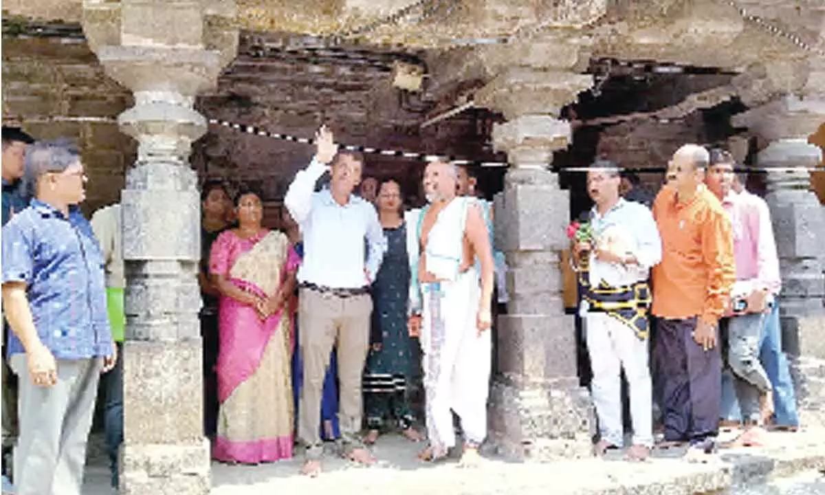 Konaseema Collector Himanshu Shukla inspecting Draksharamam temple on Saturday