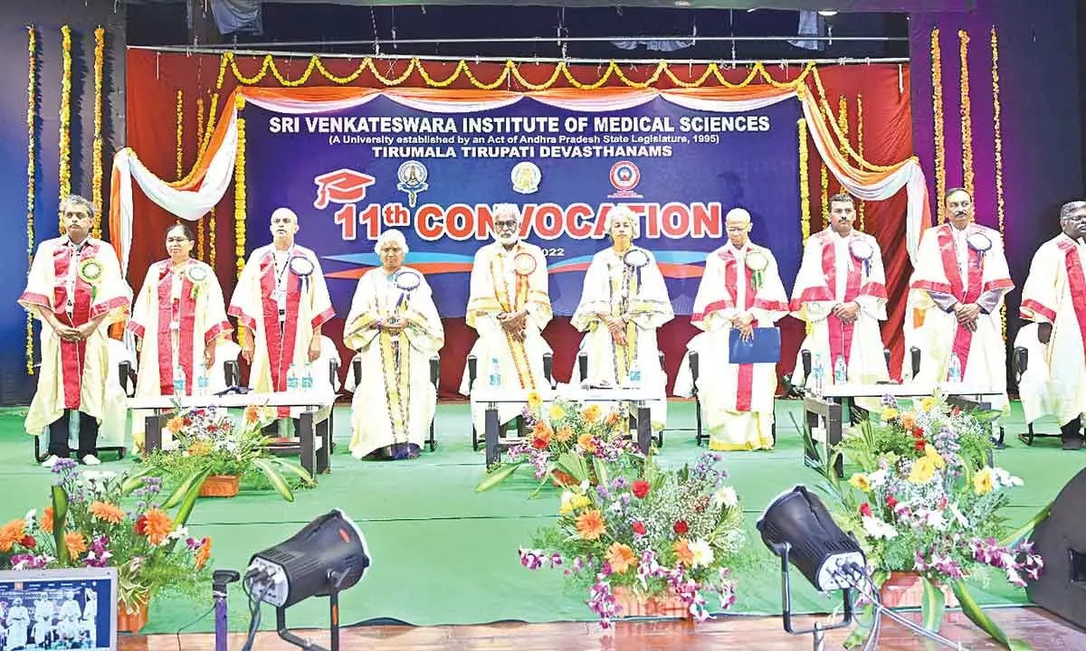 SVIMS University Chancellor YV Subba Reddy, WHO chief scientist Dr Soumya Swaminathan, TTD EO AV Dharma Reddy, SVIMS Vice Chancellor Dr B Vengamma and others participating in the at 11th convocation in Tirupati on Saturday.