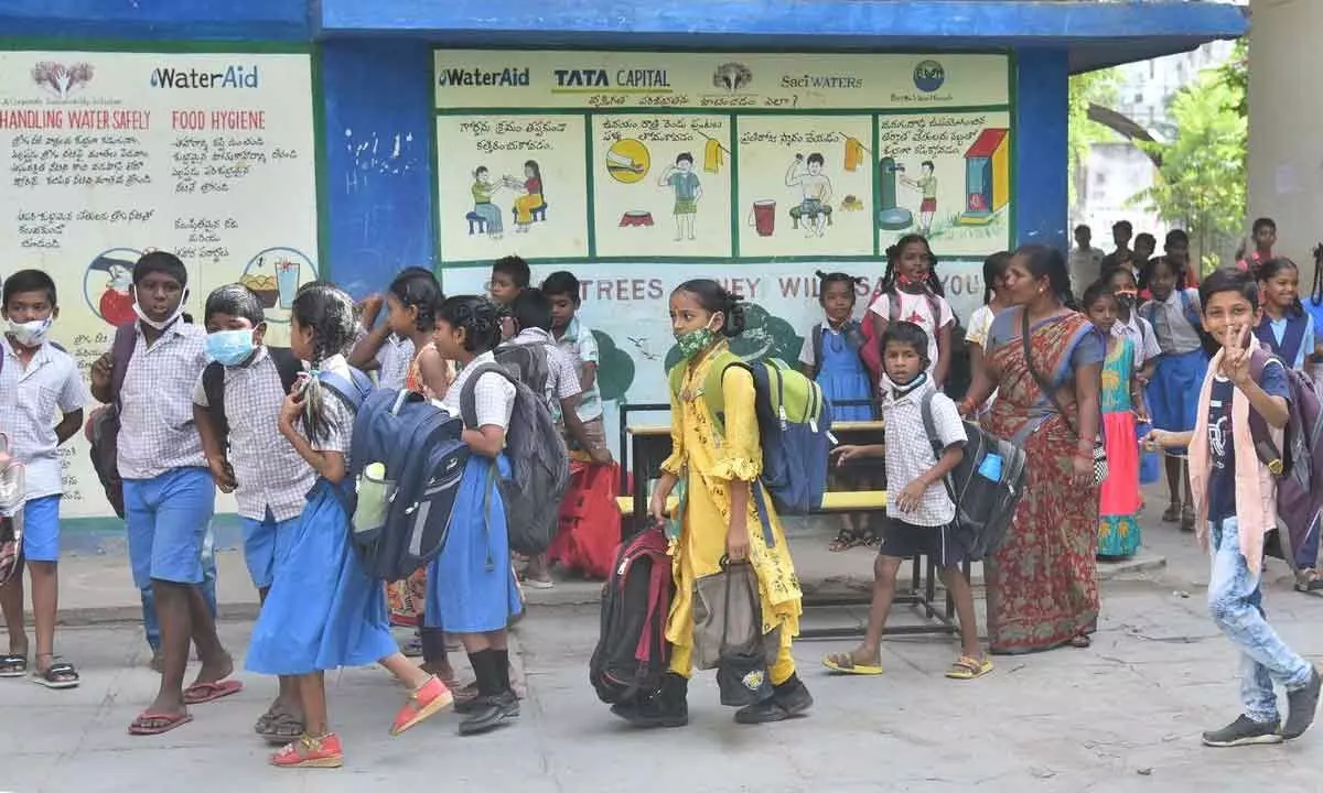 Almost after two years, as per schedule, the new academic year has begen at all the schools across Telangana  Photo:  Adula Krishna