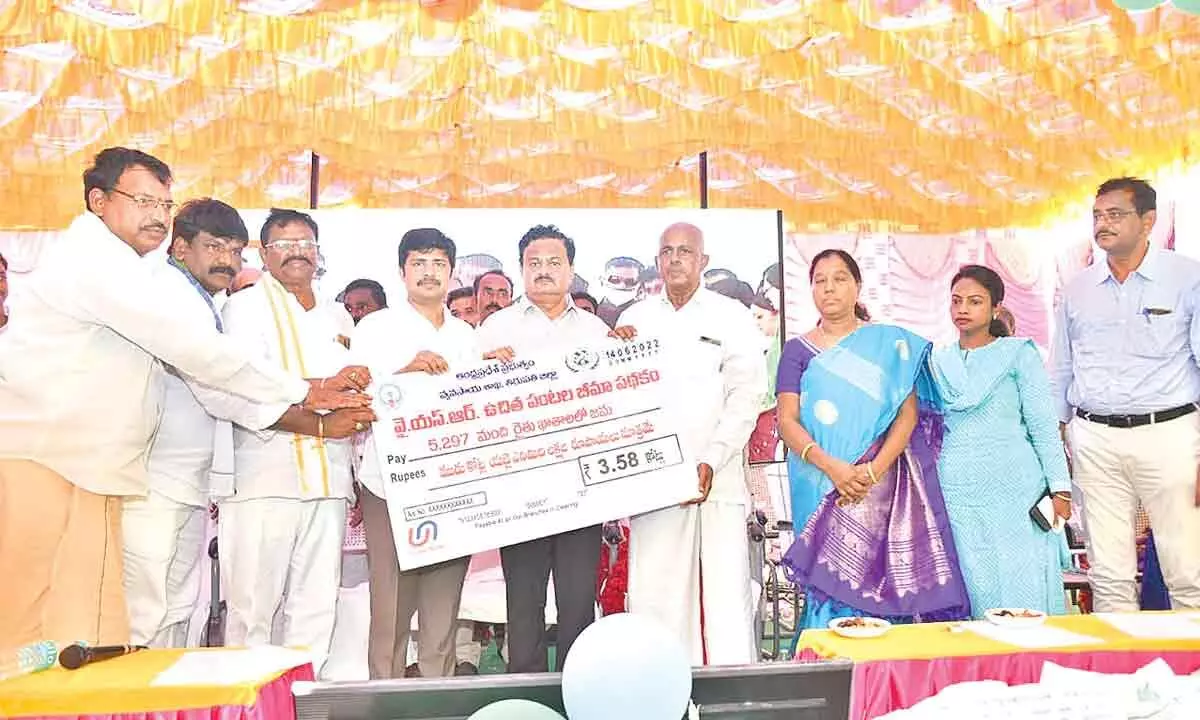 Tirupati District Collector K Venkata Ramana Reddy, MP Dr M Gurumoorthy, Satyavedu MLA K Adimulam and others releasing YSR free crop insurance scheme mega cheque on Tuesday