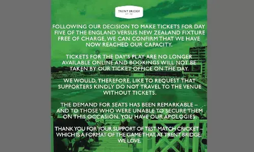 Trent Bridges unique gift to Test cricket; no entry fee for final day of Eng-NZ game