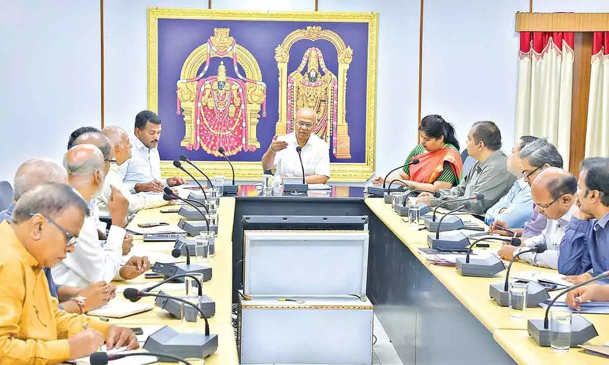 TTD Executive Officer A V Dharma Reddy holds a review meeting with senior officials on development of Goshalas to promote Desi cows in Tirupati on Wednesday.