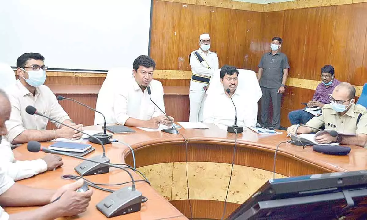 Minister for Animal Husbandry and Fisheries Seediri Appalaraju speaking at the meeting in Visakhapatnam on Wednesday